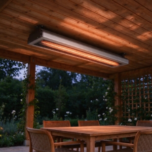 Ceiling heater glowing softly at dusk above a dining table