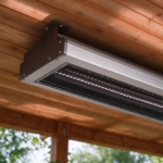 Close-up of the grille and aluminium housing of the ceiling heater