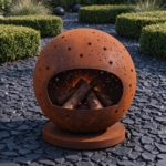 Corten steel fire globe with star cut-outs on slate chippings in a gravel garden
