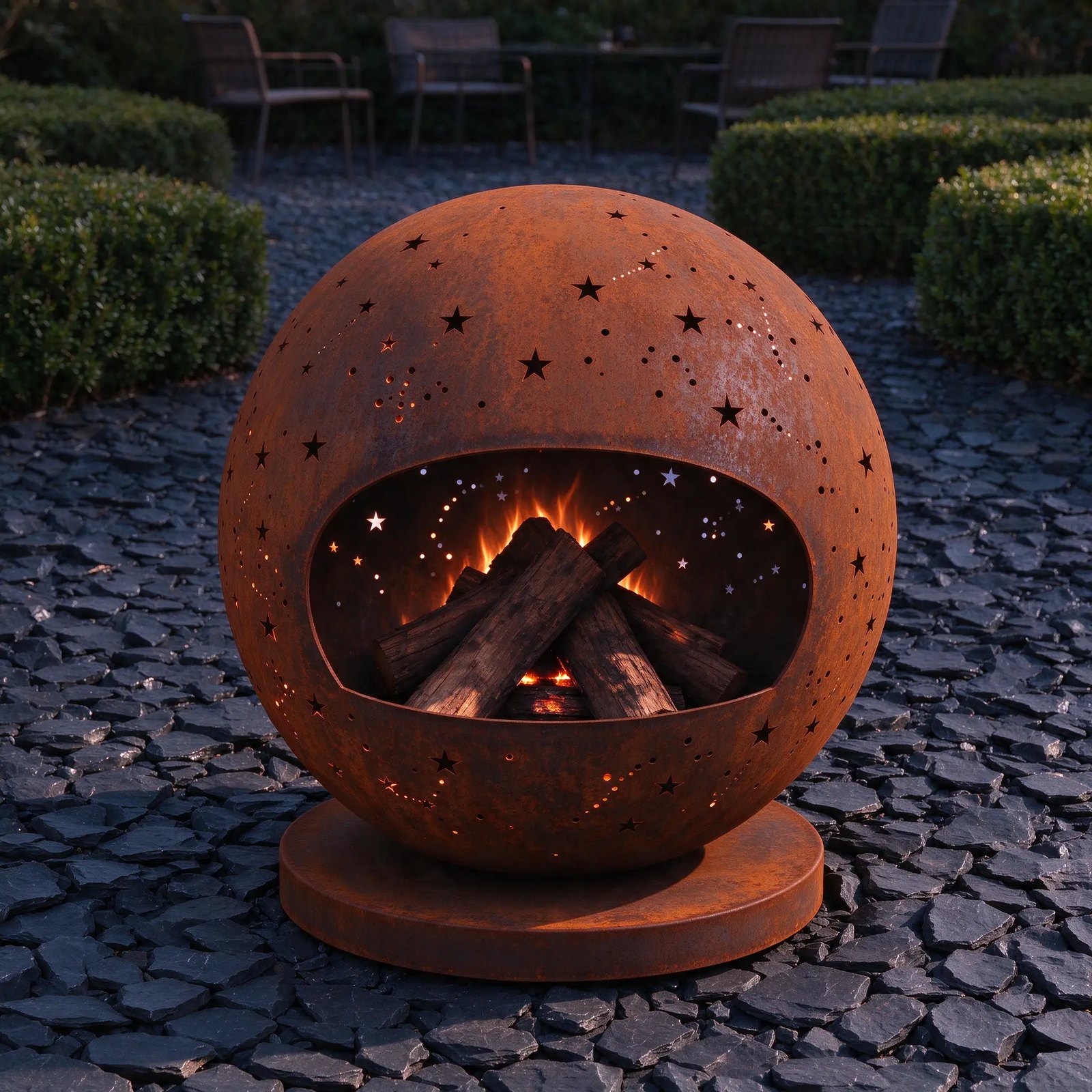 Corten steel fire globe glowing through its star cut-outs at dusk