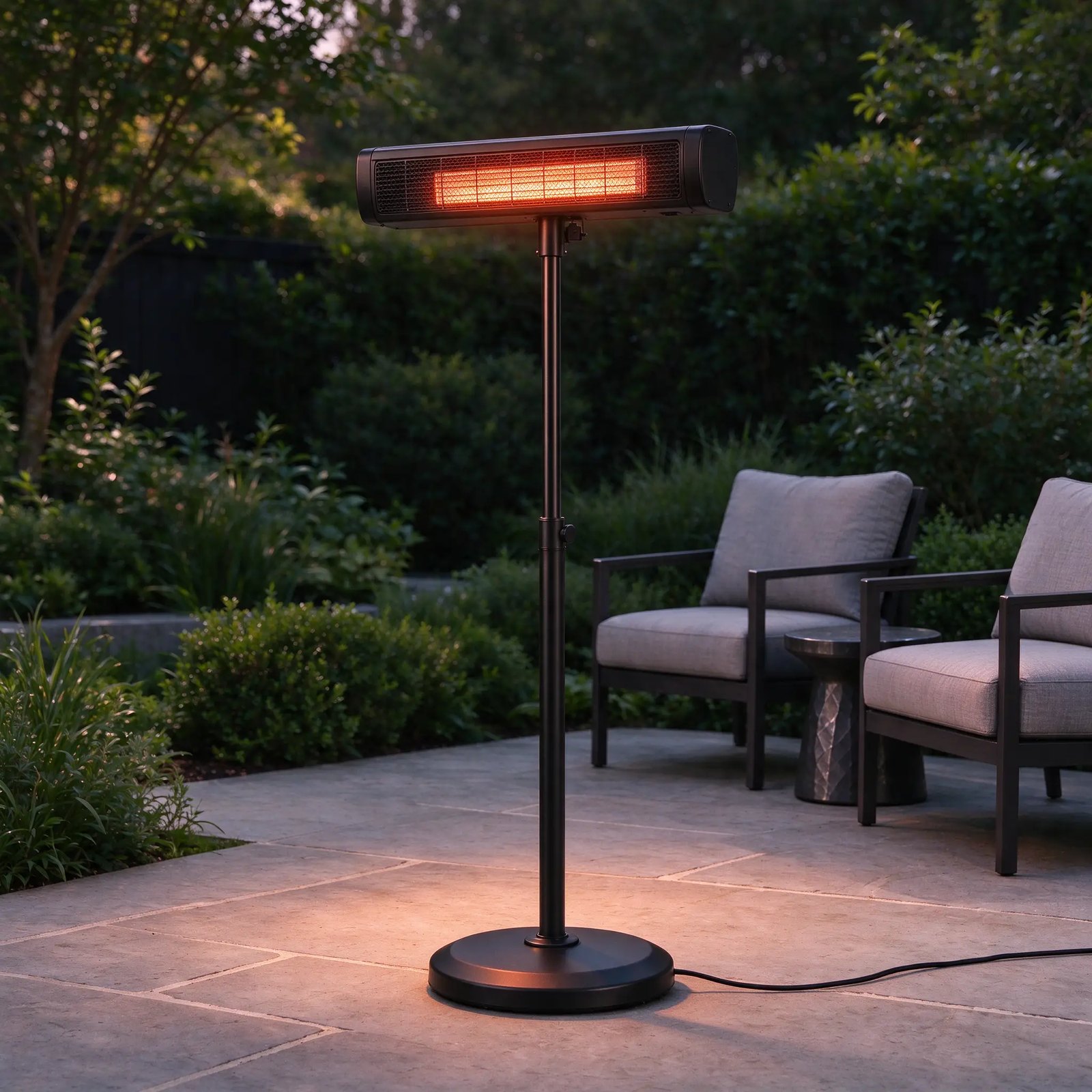 Freestanding infrared patio heater glowing beside lounge armchairs at dusk
