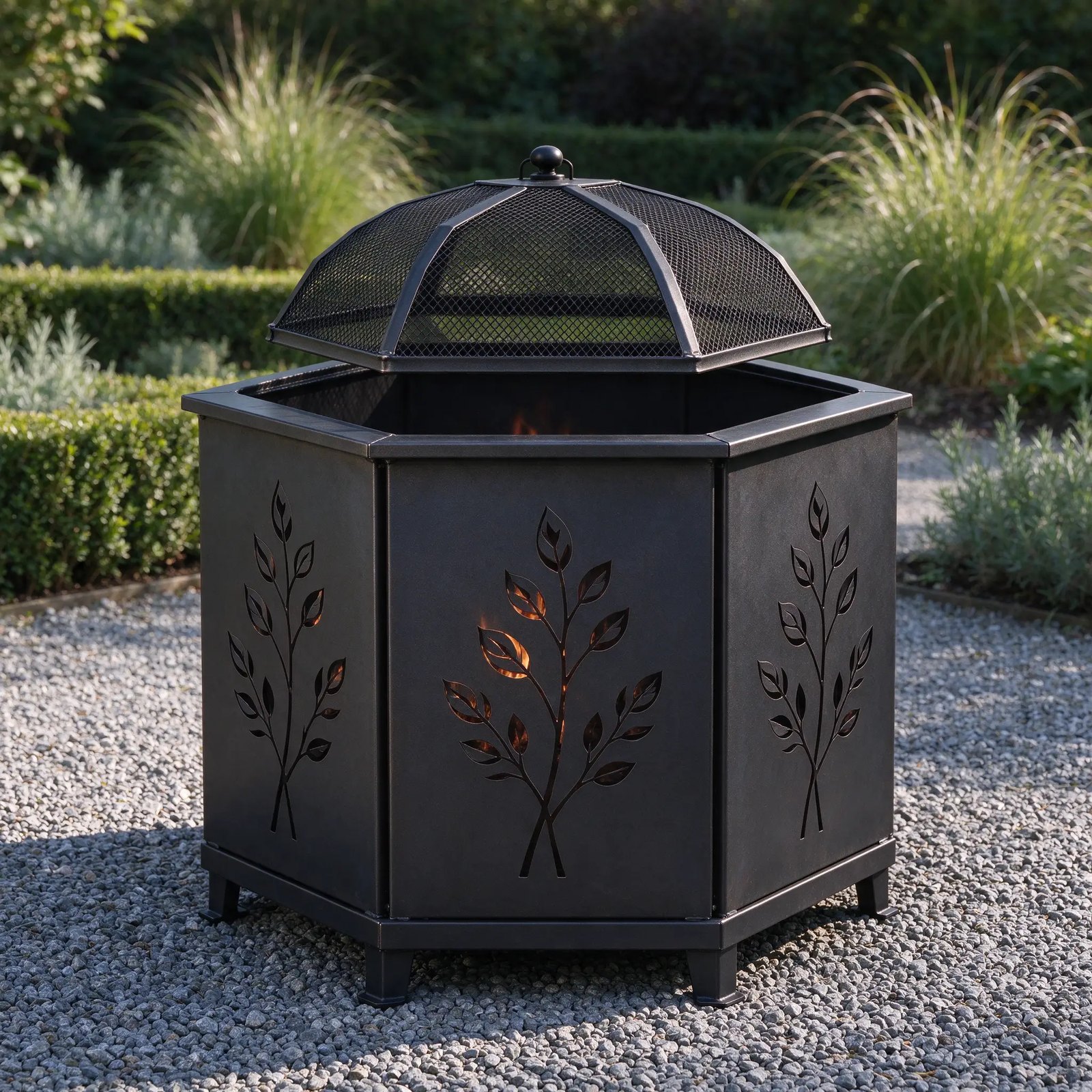 hexagonal steel fire pit 70cm leaf spark guard 1 Hexagonal black steel fire pit with leaf cut-outs and mesh spark guard on gravel