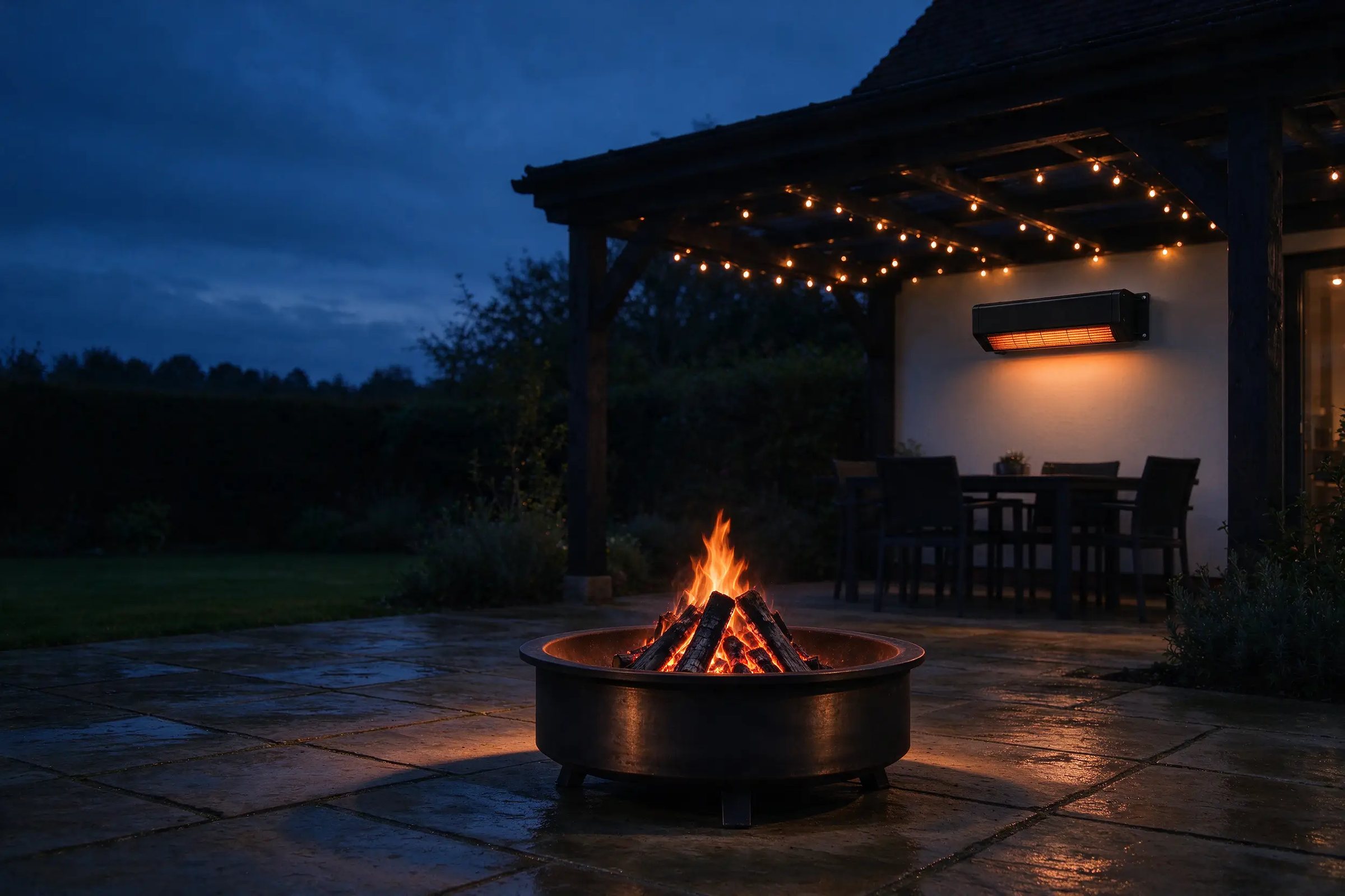 Garden patio at dusk with a log fire in a steel fire bowl and an electric heater glowing under a covered pergola