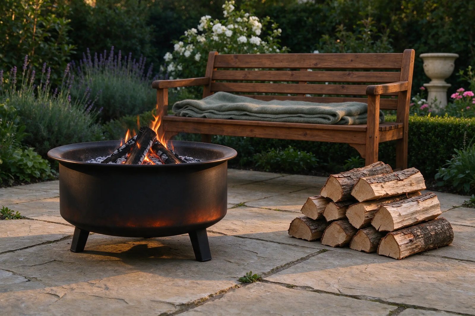 Split logs stacked beside a steel fire bowl with a log fire and a garden bench