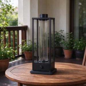 Lantern-style tabletop electric patio heater on a teak table on a covered balcony