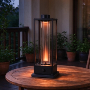 Lantern heater glowing amber at dusk on a garden table