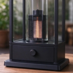 Close-up of the glass cylinder and black steel frame of the lantern heater