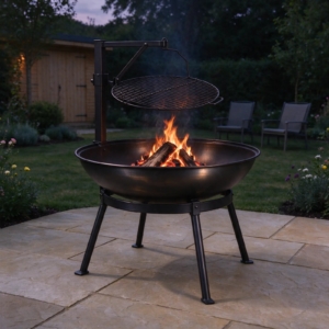 Swing-arm fire pit burning a log fire at dusk in an open garden
