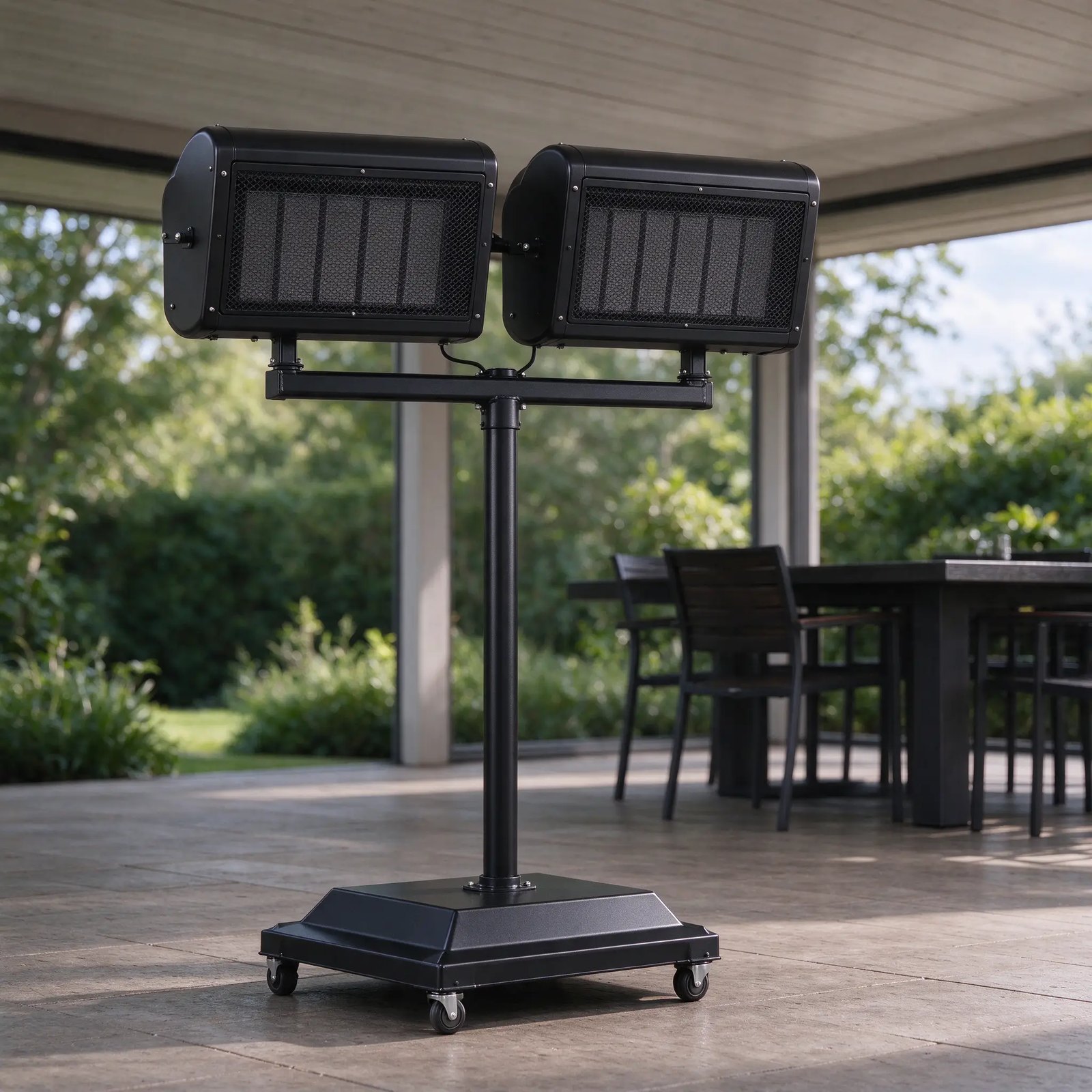 twin head infrared patio heater 2 6kw wheeled 1 Twin-head infrared patio heater beside a long outdoor dining table on a covered terrace