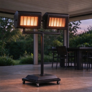 Twin-head heater glowing at dusk on the covered terrace
