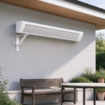 White wall-mounted carbon infrared heater under a roof overhang above a garden bench