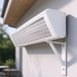 Close-up of the white grille and aluminium housing of the heater